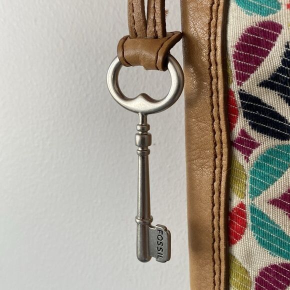 VTG Fossil Tan Leather Canvas Geometric Patterned Crossbody Bag Boho Retro NWOT - Picture 6 of 11